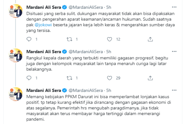 Cuitan Mardani Ali Sera terkait kebijakan PPKM.