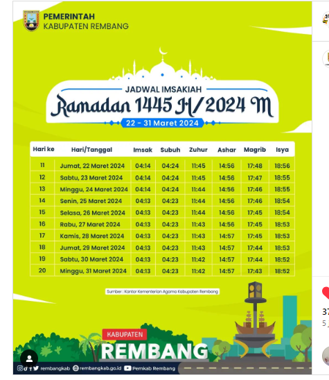 Jadwal Imsakiyah Rembang 22-31 Maret 2024