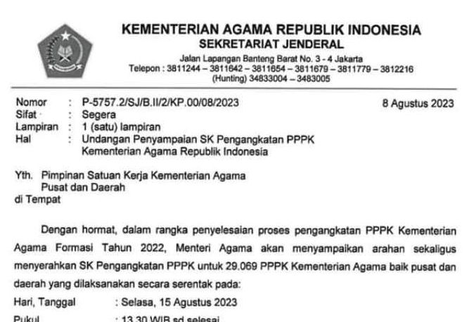 SURAT UNDANGAN Penyerahan SK Pengangkatan PPPK Kemenag 2022, Selasa 15 Agustus 2023