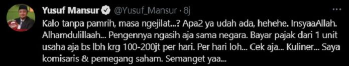Hasil tangkap layar akun Twitter Yusuf Mansur