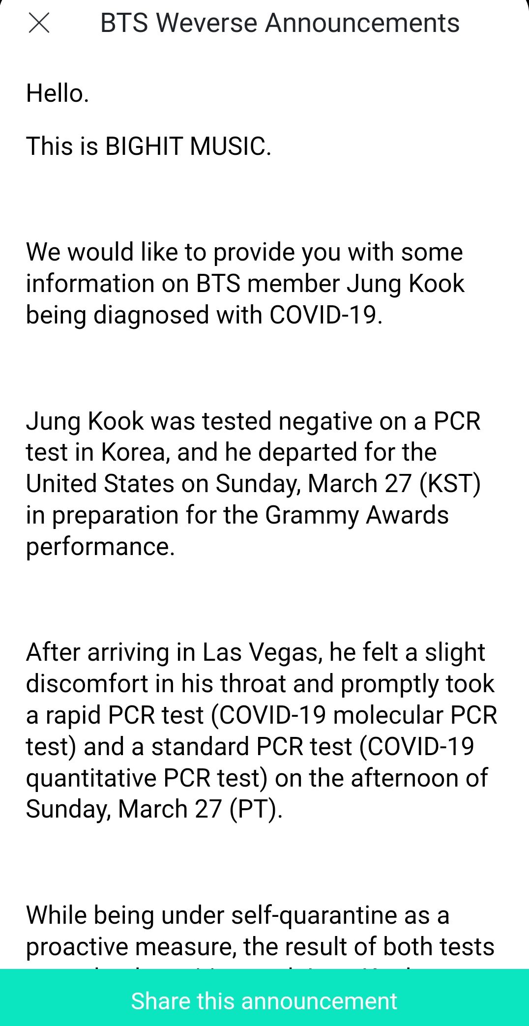 Big Hit Music, mengkonfirmasi Jungkook BTS positif Covid-19