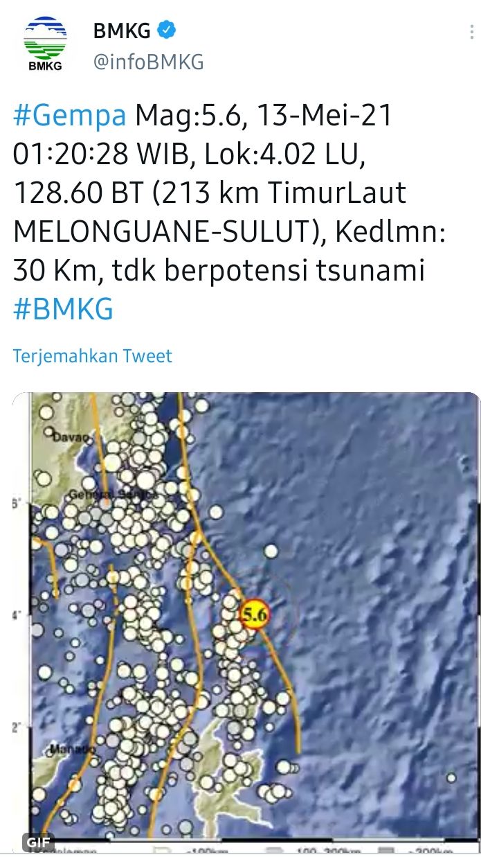 Tangkapan layar informasi gempa bumi berkekuatan 5,6 menghuncang Sulawesi Utara