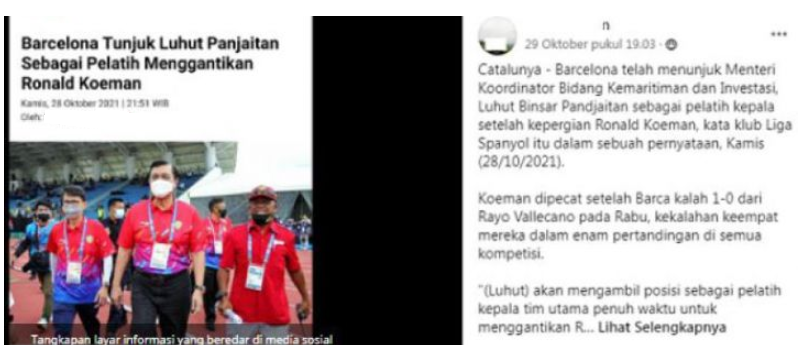 Kabar hoaks yang mengklaim Luhut Binsar Pandjaitan ditunjuk gantikan Ronald Koeman jadi pelatih Barcelona.