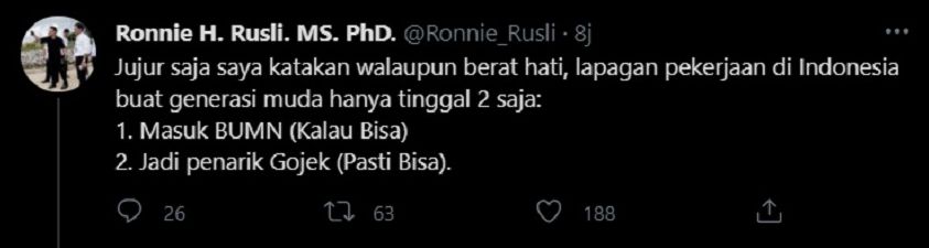Hasil tangkap layar akun Twitter Ronnie H Rusli