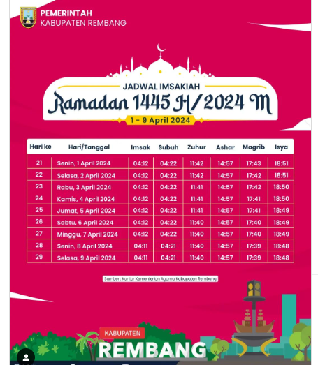Jadwal Imsakiyah Ramadhan 1445 H untuk Wilayah Rembang