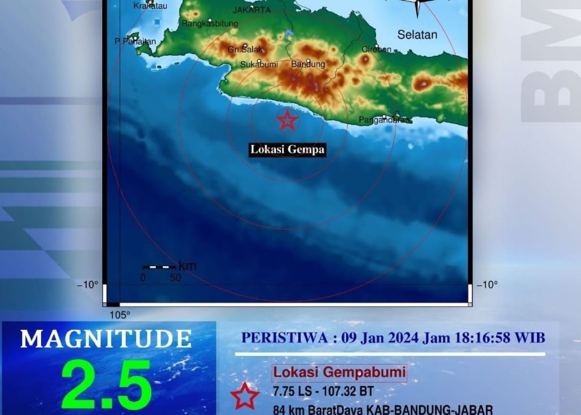 Peta pusat gempa bumi magnitudo 2.5 yang terjadi Selasa 9 Januari 2023.