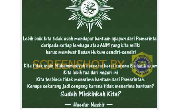 Tangkapan layar informasi yang beredar di media sosial Facebook yang mengatasnamakan pihak Muhammadiyah.