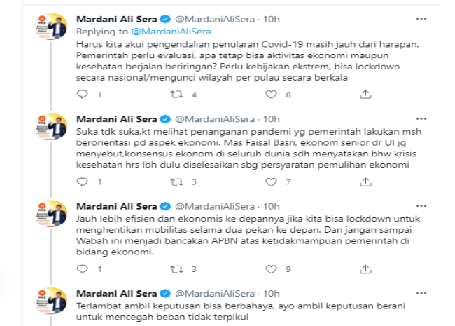 Cuitan Mardani Ali Sera yang memberikan tanggapannya terkait jumlah kasus Covid-19 di Indonesia.