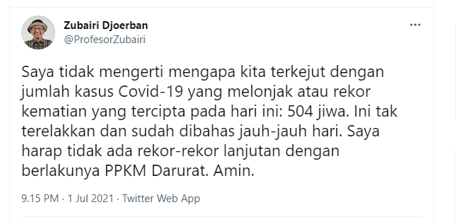 Zubairi Djoerban merasa heran dengan sikap masyarakat yang kaget melihat lonjakan kasus Covid-19 di Indonesia.
