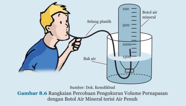 Gambar 8.6 Rangkaian Percobaan Pengukuran Volume Pernapasan dengan Botol Air Mineral terisi Air Penuh.