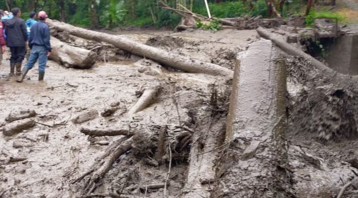 Material kayu dan lumpur akibat banjir bandang di Gunung Mas, Puncak, Bogor
