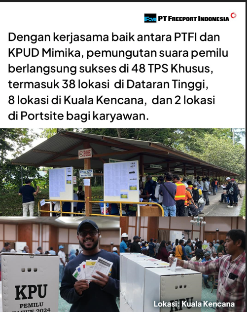 Pemungutan suara Pemilihan Umum (Pemilu) 2024 di area kerja PT Freeport Indonesia (PTFI) sukses digelar pada Rabu (14/2/2024).