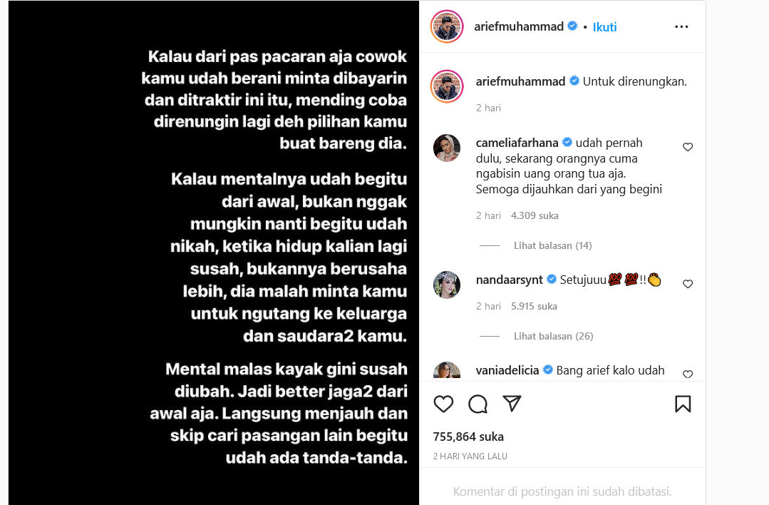 Postingan Instagram Instgram @ariefmuhammad tetang pacarang yang tidak sehat.