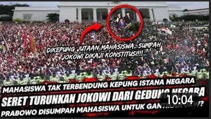 Thumbnail video yang mengatakan bahwa Prabowo Subianto dilantik mahasiswa gantikan Presiden Jokowi
