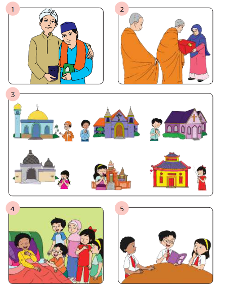 Gambar nomor 1-5, sikap dan perilaku yang mencerminkan sila kesatu dan kedua Pancasila - Buku Tema 1 Kelas 6 SD MI Kurikulum 2013.