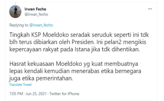 Cuitan Irwan Fecho soal KSP Moeldoko yang jukan gugatan putusan KLB ke PTUN.