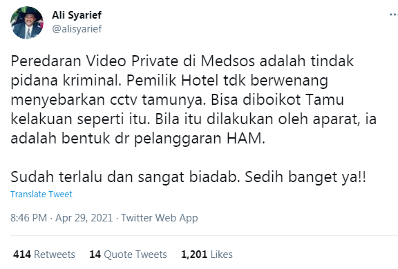 Cuitan Ali Syarief, Akademisi Cross Culture Intitute menyoal video diduga Munarman check-in di hotel.