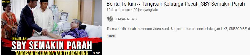 tangkap layar [HOAX] Innalillahi SBY Semakin Parah, Tangisan Keluarga Pecah/YouTube/Kabar News