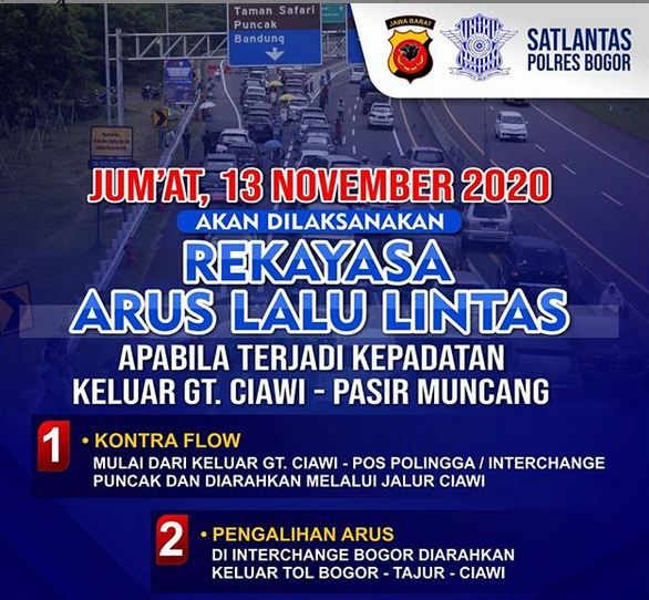 Leaflet Rekayasa Lalu Lintas pengalihan arus karena agenda Habib Rizieq Syihab di Puncak Bogor, 13 November 2020. 