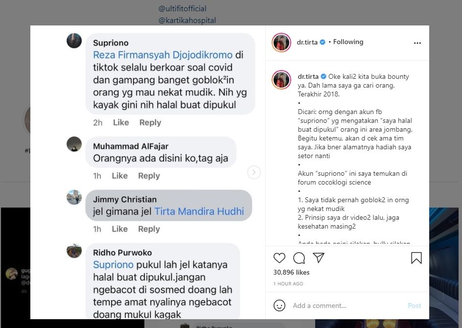 Tangkapan layar unggahan gambar dari akun Instagram dr. Tirta yang menawarkan bounty senilai Rp40 juta untuk mencari orang yang mengatakan dirinya halal untuk dipukul