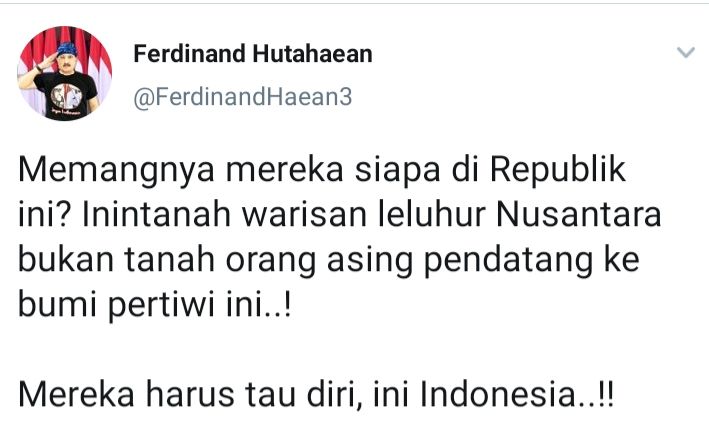 Cuitan Ferdinand Hutahaean yang mendukung tindakan Jenderal Dudung Abdurachman soal baliho Habib Rizieq di wilayah Jakarta.