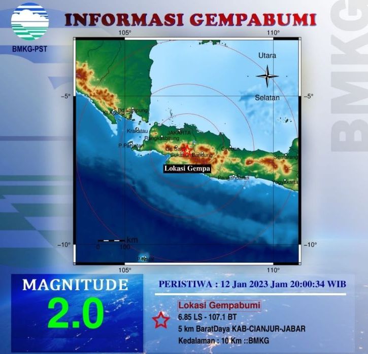 Peta pusat gempa bumi yang melanda wilayah Kabupaten Cianjur Jawa Barat Kamis 12 Januari 2023.