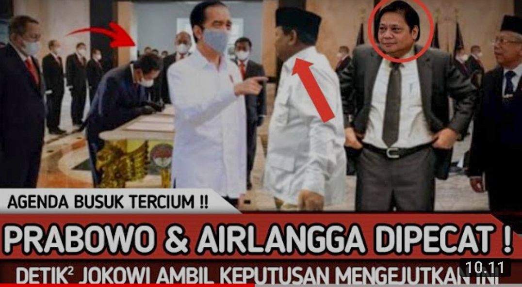 Thumbnail video yang mengatakan bahwa Jokowi pecat Prabowo dan Airlangga