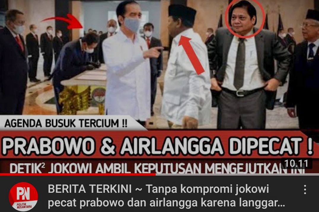 Thumbnail video yang mengatakan bahwa Presiden Jokowi pecat Prabowo Subianto dan Airlangga