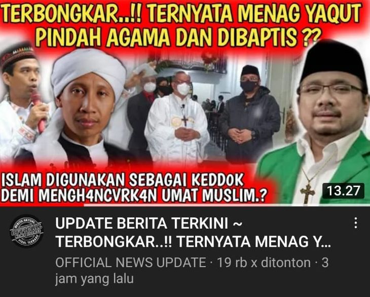 Tangkapan layar thumnail video dengan narasi Menag Yaqut pindah agama dan dibaptis