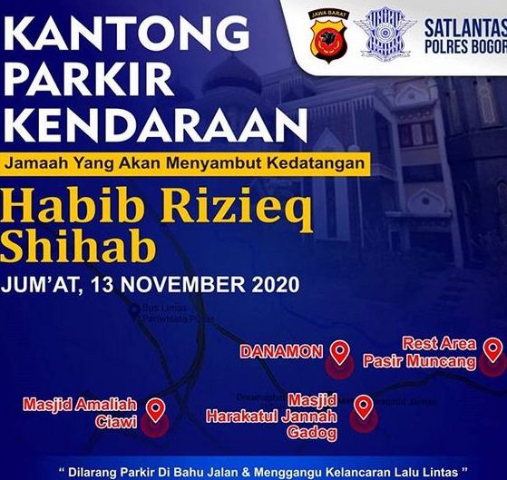 Tangkapan layar informasi kantong parkir kendaraan saat agenda Habib Rizieq di Bogor, Jumat 13 November 2020.*