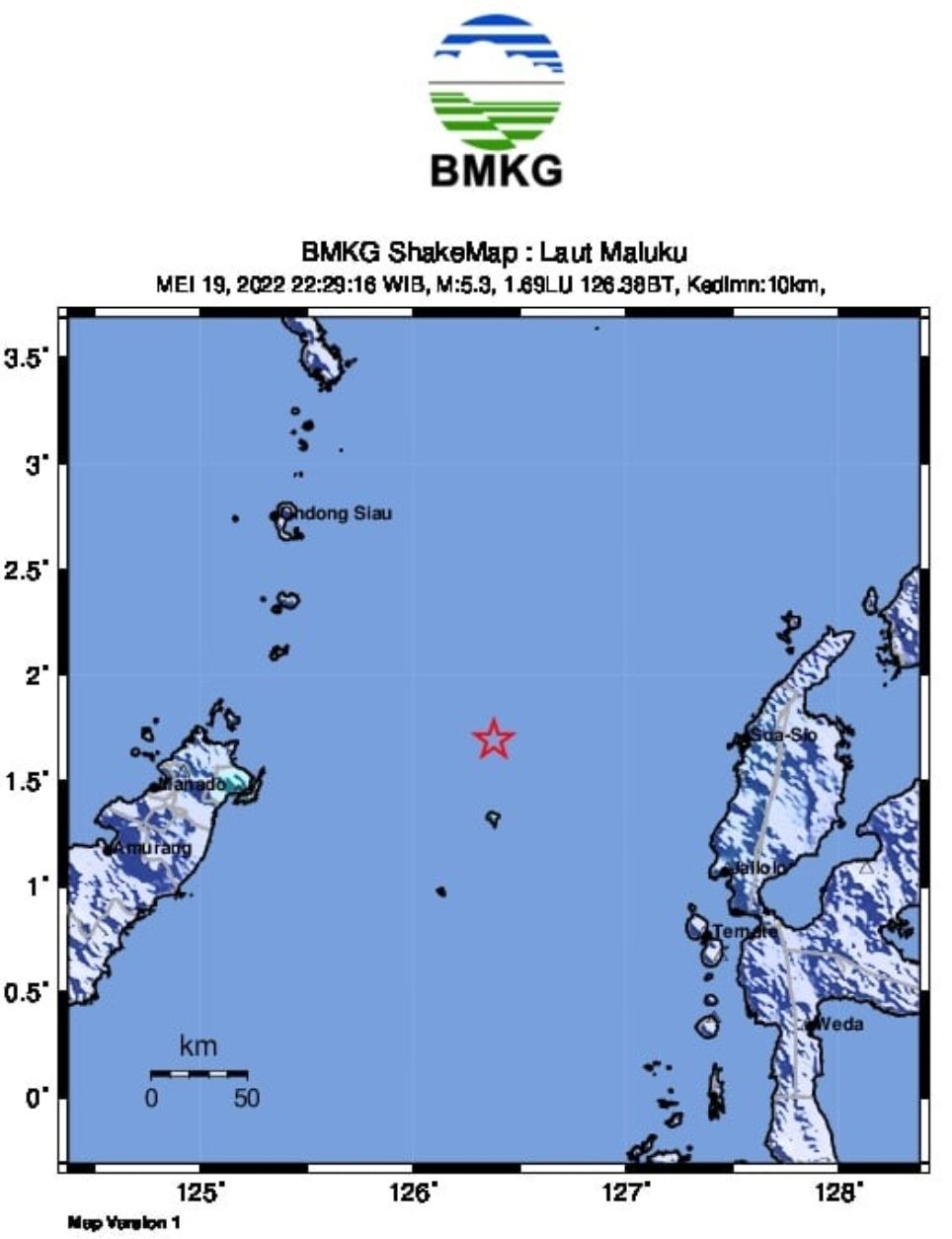 Pusat gempa yang terjadi di wilayah Laut Maluku pada hari ini, Kamis malam 19 Mei 2022 memiliki magnitudo 5,5 yang dimutakhirkan BMKG menjadi magnitudo 5,3