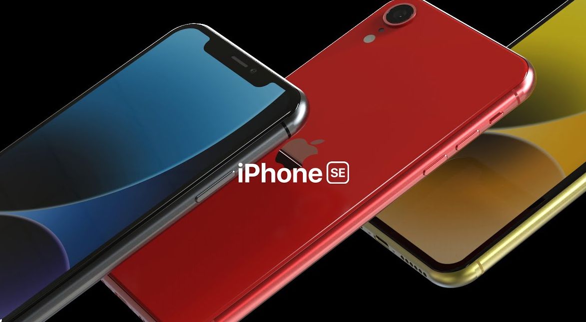 Desain render 3D iPhone SE 4 yang memiliki tiga opsi warna yaitu hitam, putih dan merah.