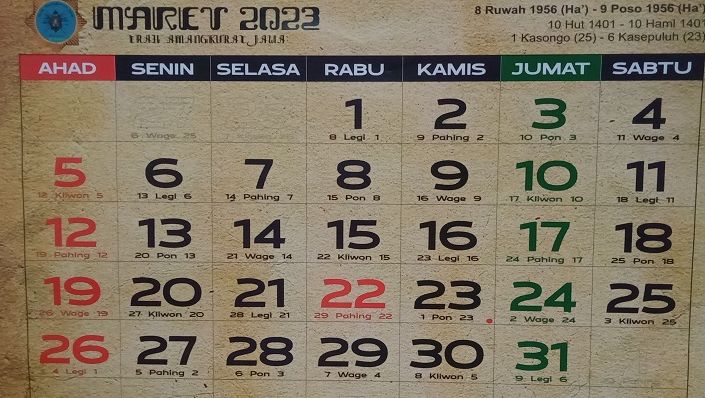 Kalender Jawa hari Kamis, 23 Maret 2023, watak kelahiran weton Kamis Pon, nama wuku, pasaran dan jumlah neptu dalam perhitungan Jawa.