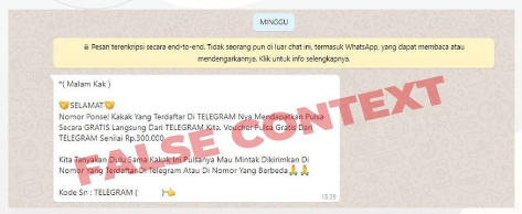 Tangkapan layar pesan berantai yang menyebut, Telegram memberi voucher gratis senilai Rp300.000.