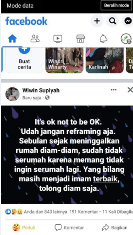 Postingan laman Facebook Wiwin Supiyah