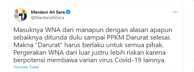 Cuitan Mardani Ali Sera terkait kabar TKA yang masuk ke Indonesia saat PPKM Darurat.