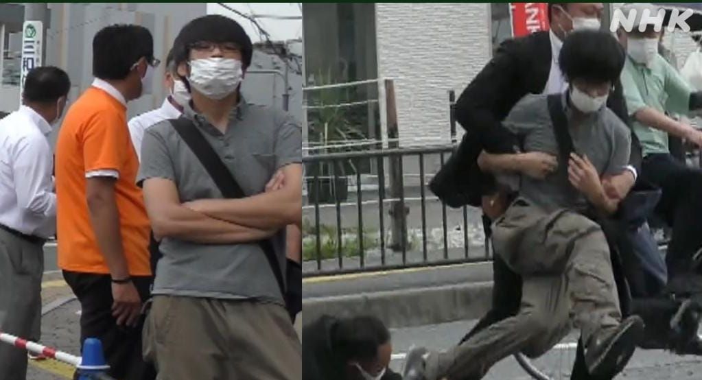NHK merilis video penangkapan tersangka yang diduga sebagai penembak mantan Perdana Menteri Jepang Shinzo Abe pada hari ini, Jumat 8 Juli 2022.