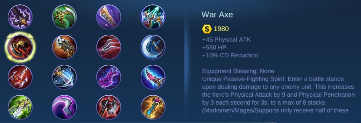 Penjelasan item War Axe Mobile Legends. 