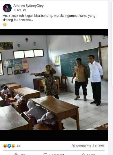  klaim bahwa siswa-siswa bersembunyi karena keberadaan Jokowi merupakan konten hoax./Facebook/Andrew SydneyGrey