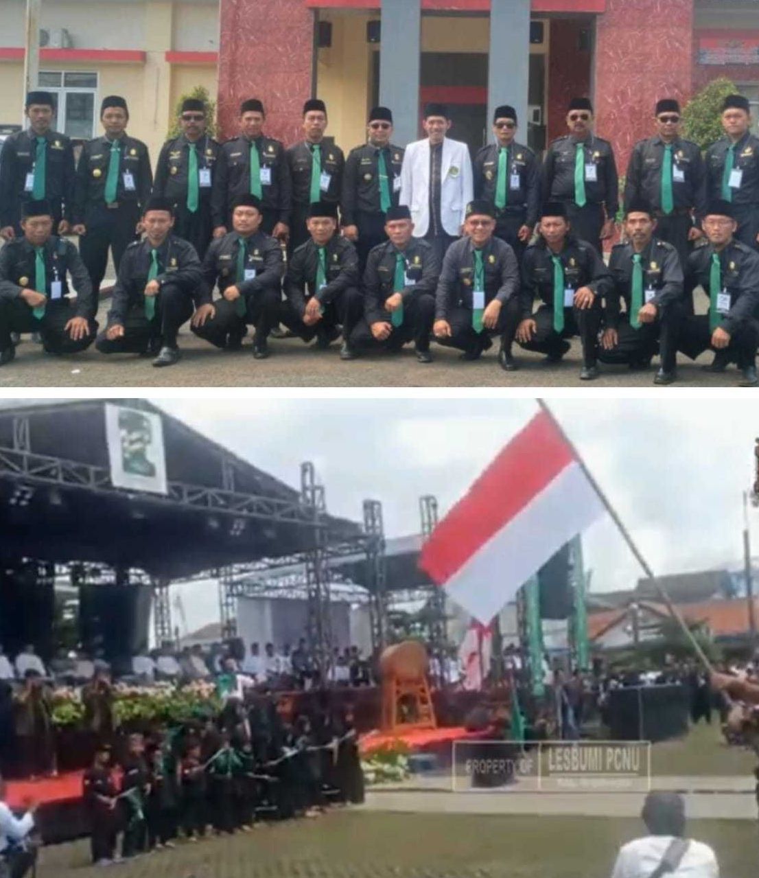 Ketua Umum Pagar Nusa Majalengka Abah Dulloh tengah berfoto bersama pasukan Inti dan Lesbumi NU tengah tampil di Harlah NU Majalengka