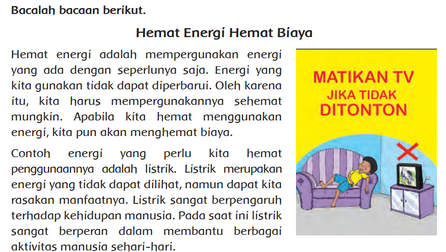 Kalimat pendukung tiap paragraf dari teks Hemat Energi Hemat Biaya kelas 4 SD MI Tema 9, bersumber pada Buku Tematik Tema 9 Kelas 4