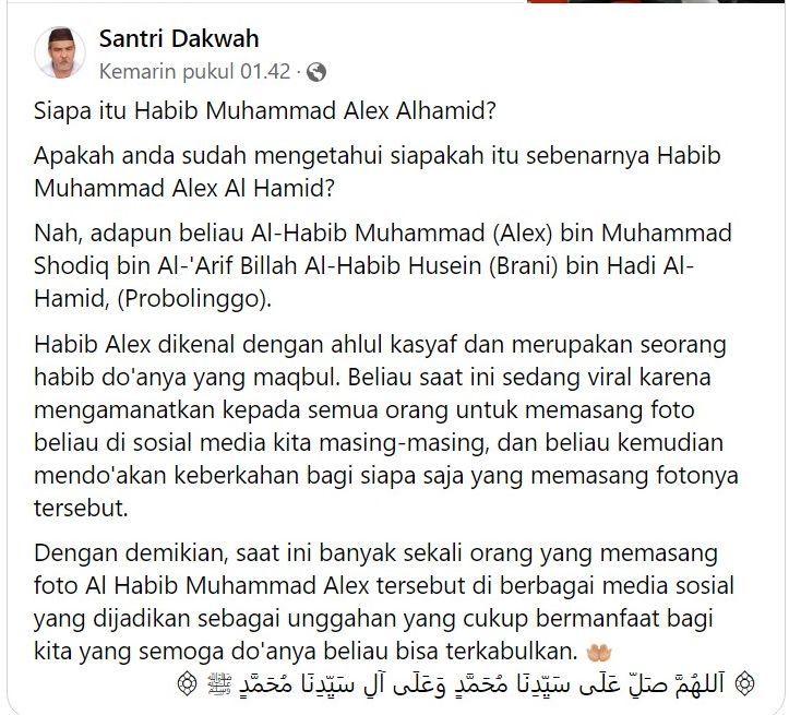 Screenshoot unggahan dari pengguna Facebook Santri Dakwah tentang Muhammad Alex Alhamid