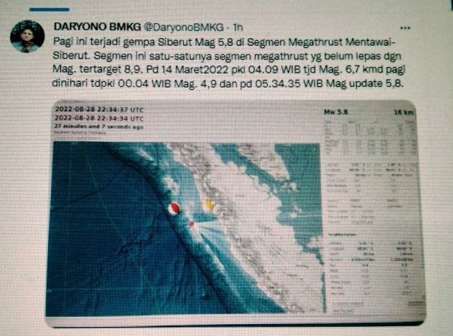 Instagram @daryono tentang gempa Kepulauan Mentawai Senin 29 Agustus 2022.