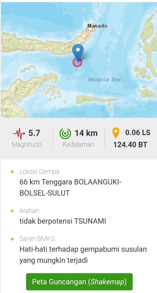 Tangkapan Layar laman BMKG: Gempa Magnitudo 5,7 Guncang Bolaang Mongondow Selatan, Tidak Berpotensi Tsunami