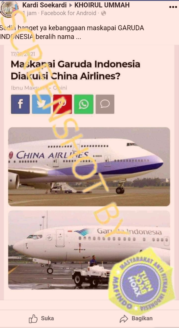 PT Garuda Indonesia dikabarkan berubah nama menjadi China Airlines? Begini faktanya