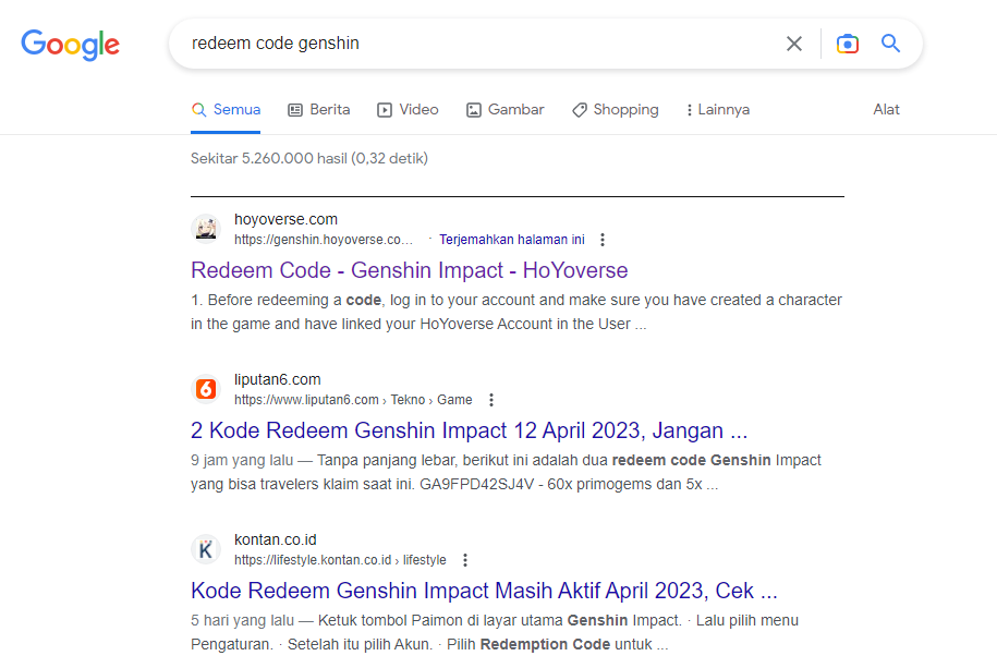 Search di Google dengan kata kunci "redeem code genshin"