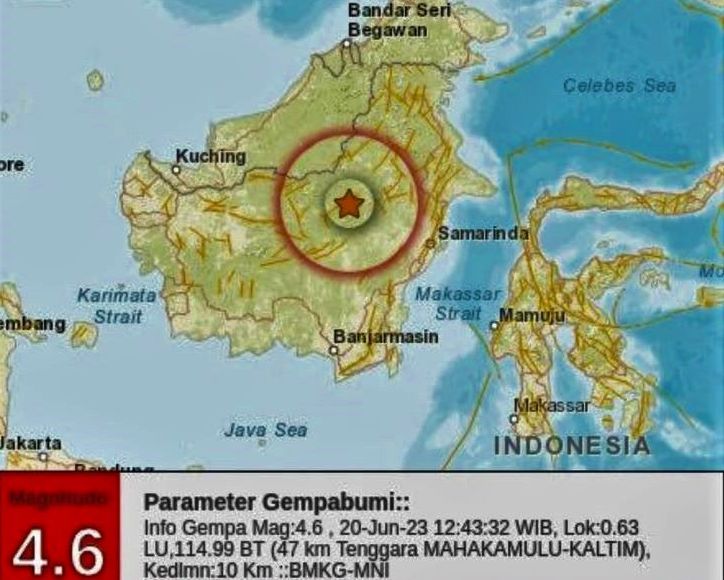 Peta pusat gempa bumi tektonik magnitudo 4.6 yang melanda Mahakam Ulu Kalimantan Timur.