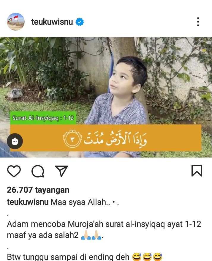 Teuku Wisnu Bagikan Momen Adam Muroja'ah Surah Al Insyiqaq, Netizen Ramai Panjatkan Doa