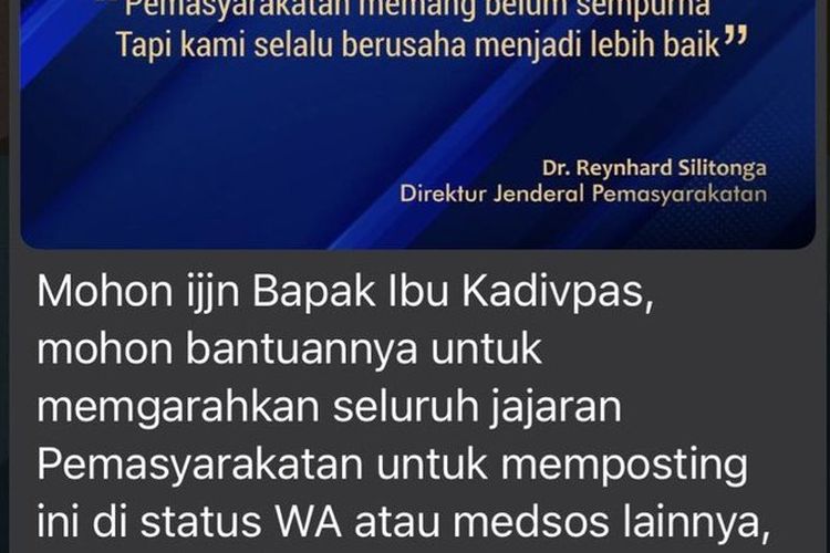 Beredar Tangkapan Layar Instruksi Dirjen PAS, Minta Jajaran Lapas Unggah Konten Positif di Media Sosial