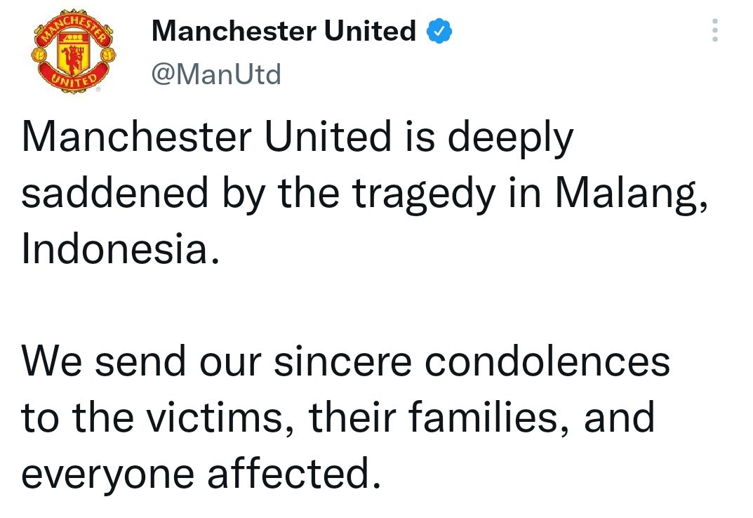 Manchester United ucapkan belasungkawa atas tragedi di Kanjuruhan Malang/ Twitter @ManUTD